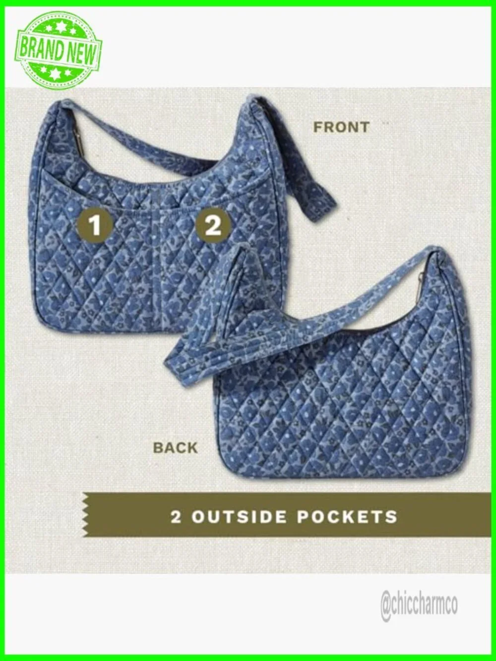 Lightweight Quilted Hobo Shoulder Bag with Pockets - Medium Size